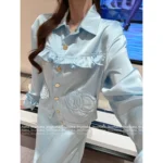 Chanel 25/26B Fall/Winter Collection 🩵 Satin Heart Jacquard Set - Blue Tone Bow Blouse & Midi Skirt - Image 7