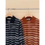 miumiu 2025 SS Early Fall New Collection ❕ Jacquard Letter Logo Striped Wool Knit Polo Sweater with Zipper Design - Image 2