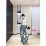 CHROME HEARTS 🖤 2025 Early Fall New Collection — Colorblock Leather Cross Logo High-Waist Slimming Enzyme-Washed Wide-Leg Jeans - Image 4