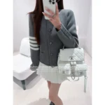 THOM BROWNE 2025 Early Fall Collection 🆕 Short Grey Blazer - Button-Front Knit Blazer with Signature Stripes - Image 9
