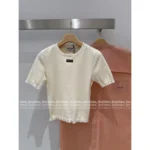 miumiu 2025 Spring/Summer New Collection 🤍 Classic Logo Beaded Top - Heavyweight Crystal Embroidered Round Neck Sheer Top - Image 10