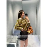 miumiu 2025SS Early Fall Collection 💛 Yellow Striped Letter Logo Polo-Collar Long-Sleeve Crop Hoodie - Fake Two-Piece Design - Image 2