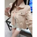 Hermes 2025 Early Fall Collection 🍊 Women's Pink-Orange Check Denim Jacket - Notch Collar & Logo Patch Pockets - Image 2