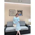 Chanel 25/26B Fall/Winter Collection 🩵 Satin Heart Jacquard Set - Blue Tone Bow Blouse & Midi Skirt - Image 6
