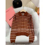 miumiu 2025 SS Early Fall New Collection ❕ Jacquard Letter Logo Striped Wool Knit Polo Sweater with Zipper Design - Image 14