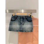miumiu 2025SS New Collection 🤠 Patchwork Denim Set - Crinkle Dyed Pocket Jacket/Skirt/Straight Pants - Image 16