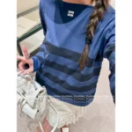 miumiu 2025SS Early Fall Collection 💙 Navy Letter Logo Stripe Tee - Color-Block Long Sleeve Cotton Shirt - Image 2