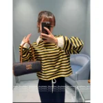 miumiu 2025SS Early Fall Collection 💛 Yellow Striped Letter Logo Polo-Collar Long-Sleeve Crop Hoodie - Fake Two-Piece Design - Image 10