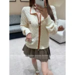 miumiu 2025SS Early Fall Collection 🔆 Women’s Leather-Trimmed Crochet Cardigan - Zip-Front w/ Embroidered Letter Logo - Image 2