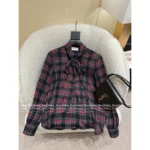 Saint Laurent 2025 Early Fall Collection 🖤 ROSÉ-Inspired Plaid Silk Shirt - Detachable Ribbon Tie & Dramatic Cuffs (Blackpink Style) - Image 2