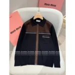 miumiu 2025ss Early Fall Collection - Patchwork Suede, American Retro Preppy Style Wool Zip-Up Knit Cardigan - Image 3