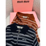 miumiu 2025 SS Early Fall New Collection ❕ Jacquard Letter Logo Striped Wool Knit Polo Sweater with Zipper Design - Image 13