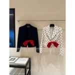 VALENTINO 2025SS French Retro Style ♥️ Silk Satin Suit Set - Handmade Bow V-Neck Polka Dot Blazer & Shorts - Image 3