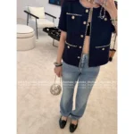 Chanel 2025A Early Fall Haute Atelier Collection 💙 Women's Navy Tweed Short-Sleeve Jacket - Round Neck + Four-Pocket Design - Image 4