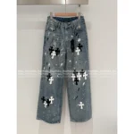 CHROME HEARTS 🖤 2025 Early Fall New Collection — Colorblock Leather Cross Logo High-Waist Slimming Enzyme-Washed Wide-Leg Jeans - Image 2