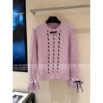 VALENTINO 2025SS Early Fall Collection 🎀 Bow Tie Ribbon Knit Sweater - 100% Wool Cable Knit Pullover with Lace Detailing - Image 2