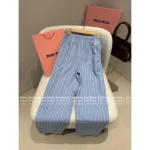 miumiu 2025SS Early Fall Collection 🩵 High-Waisted Stripe Pants - Slimming Vertical Stripe w/ Logo Pocket