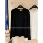 Celine 25SS Early Fall Collection 🔎 100% Comfort Cotton Tee - Embroidered Logo Round Neck Button-Detail Long Sleeve - Image 12
