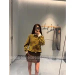 miumiu 2025SS Early Fall Collection 💛 Yellow Striped Letter Logo Polo-Collar Long-Sleeve Crop Hoodie - Fake Two-Piece Design - Image 8