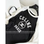 CELINE 25SS Early Fall Collection 🐼 Women's Color-Block Logo Cotton Long-Sleeve Tee - Round Neck Pullover Top - Image 3