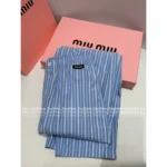 miumiu 2025SS Early Fall Collection 🩵 High-Waisted Stripe Pants - Slimming Vertical Stripe w/ Logo Pocket - Image 11