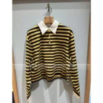 miumiu 2025SS Early Fall Collection 💛 Yellow Striped Letter Logo Polo-Collar Long-Sleeve Crop Hoodie - Fake Two-Piece Design - Image 7