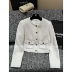 Chanel 2025B Early Fall Collection 🤍 Minimalist White Tweed Coat - Round Neck Woven Jacket w/ Textured Bouclé - Image 10