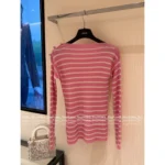 Dior 2025 Early Fall Collection 🎀 Pink Striped Wool Blend Sweater - Round Neck with Shoulder Stud Details - Image 10