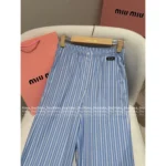 miumiu 2025SS Early Fall Collection 🩵 High-Waisted Stripe Pants - Slimming Vertical Stripe w/ Logo Pocket - Image 10