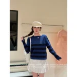 miumiu 2025SS Early Fall Collection 💙 Navy Letter Logo Stripe Tee - Color-Block Long Sleeve Cotton Shirt - Image 7