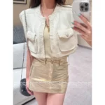 Chanel 2025A Early Fall Collection 🤍 Socialite Style Vest - Crochet Pocket & Crystal Button Waistcoat Women's Top - Image 6