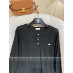 Celine 25SS Early Fall Collection 🔎 100% Comfort Cotton Tee - Embroidered Logo Round Neck Button-Detail Long Sleeve - Image 10
