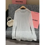 miumiu 2025 Spring/Summer New Collection 🤍 Classic Logo Beaded Top - Heavyweight Crystal Embroidered Round Neck Sheer Top - Image 18