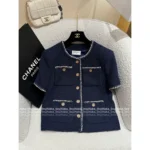 Chanel 2025A Early Fall Haute Atelier Collection 💙 Women's Navy Tweed Short-Sleeve Jacket - Round Neck + Four-Pocket Design - Image 3