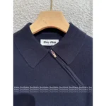 miumiu 25SS Early Fall Collection 🔛 Women's Navy Cashmere Polo Tee - Zip-Up Collared Short Sleeve w/ Imported Goat Wool - Image 11