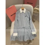 miumiu 25SS Early Autumn New Collection Colorblock Vertical Stripe Embroidered Letter Logo Detachable Shirt Dress for Women - Image 8