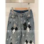 CHROME HEARTS 🖤 2025 Early Fall New Collection — Colorblock Leather Cross Logo High-Waist Slimming Enzyme-Washed Wide-Leg Jeans - Image 16
