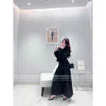 Chanel 25A Haute Atelier Collection 🔎 Pleated Silk Shirt Dress Set - Printed Logo Blouse & Maxi Skirt w/ Notch Collar - Image 5