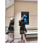 Chanel 2025B Fall/Winter Haute Atelier Collection 🍂 Black-Gold-Brown Tweed Set - Herringbone Weave Coat & Skirt - Image 9