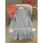 miumiu 25SS Early Autumn New Collection Colorblock Vertical Stripe Embroidered Letter Logo Detachable Shirt Dress for Women - Image 7