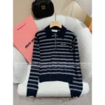 miumiu 2025 SS Early Fall New Collection ❕ Jacquard Letter Logo Striped Wool Knit Polo Sweater with Zipper Design - Image 8