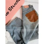 ACNE STUDIOS 2025 New Collection 🪐 Heavy Enzyme Wash Wide-Leg Jeans - Leather Patch Pocket Denim Pants - Image 9