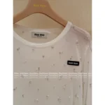 miumiu 2025 Spring/Summer New Collection 🤍 Classic Logo Beaded Top - Heavyweight Crystal Embroidered Round Neck Sheer Top - Image 16