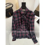 Saint Laurent 2025 Early Fall Collection 🖤 ROSÉ-Inspired Plaid Silk Shirt - Detachable Ribbon Tie & Dramatic Cuffs (Blackpink Style) - Image 15