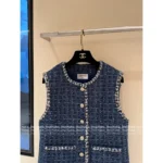 Chanel 25B Early Fall Collection 💙 Wang Yibo Inspired Sapphire Blue Vest - Crystal Button Tweed Waistcoat w/ Woven Pockets - Image 13