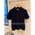 miumiu 25SS Early Fall Collection 🔛 Women's Navy Cashmere Polo Tee - Zip-Up Collared Short Sleeve w/ Imported Goat Wool - Image 10