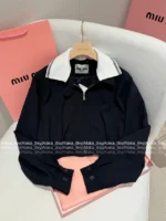miumiu 25SS Fall Collection 🖤 American Campus Style Jacket - Color-Block Letterman Jacket with Zip Detail - Image 4