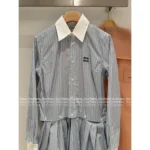 miumiu 25SS Early Autumn New Collection Colorblock Vertical Stripe Embroidered Letter Logo Detachable Shirt Dress for Women - Image 6