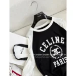 CELINE 25SS Early Fall Collection 🐼 Women's Color-Block Logo Cotton Long-Sleeve Tee - Round Neck Pullover Top - Image 11