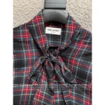 Saint Laurent 2025 Early Fall Collection 🖤 ROSÉ-Inspired Plaid Silk Shirt - Detachable Ribbon Tie & Dramatic Cuffs (Blackpink Style) - Image 13